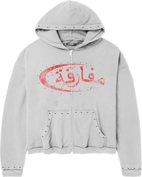 "PARADOX" ARABIC ZIP-UP HOODIE (GREY/RED)