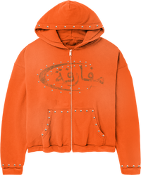 "PARADOX" ARABIC ZIP-UP HOODIE (ORANGE/BLACK)