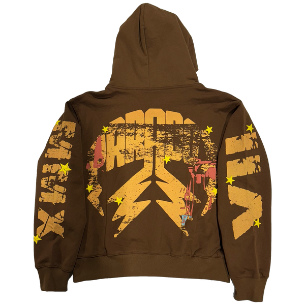 “IT’S TOO CROWDED” LIGHTNING ARC LOGO PULL-OVER HOODIE (BROWN)