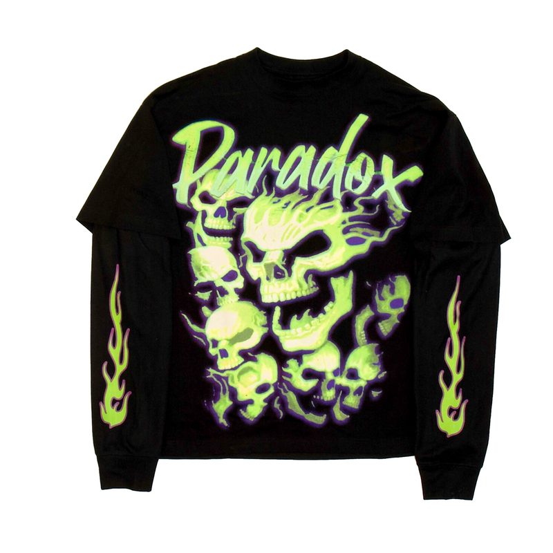 “FLAMING SKULLS” THERMAL TEE (BLACK/GREEN)