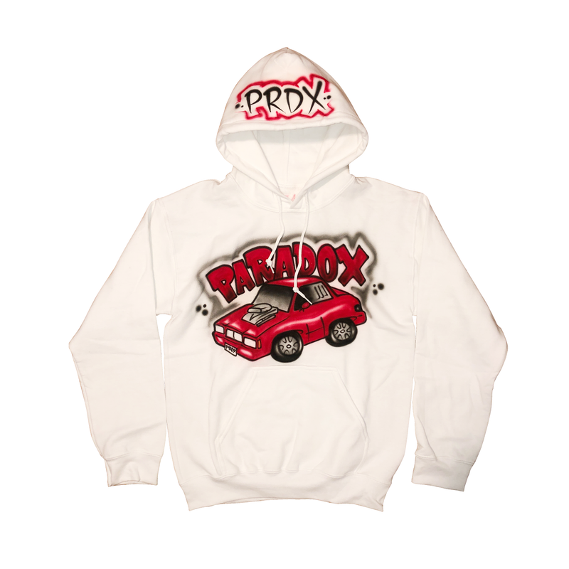 Airbrushed Vintage Car Pull-Over Hoodie (White/Black/Red)