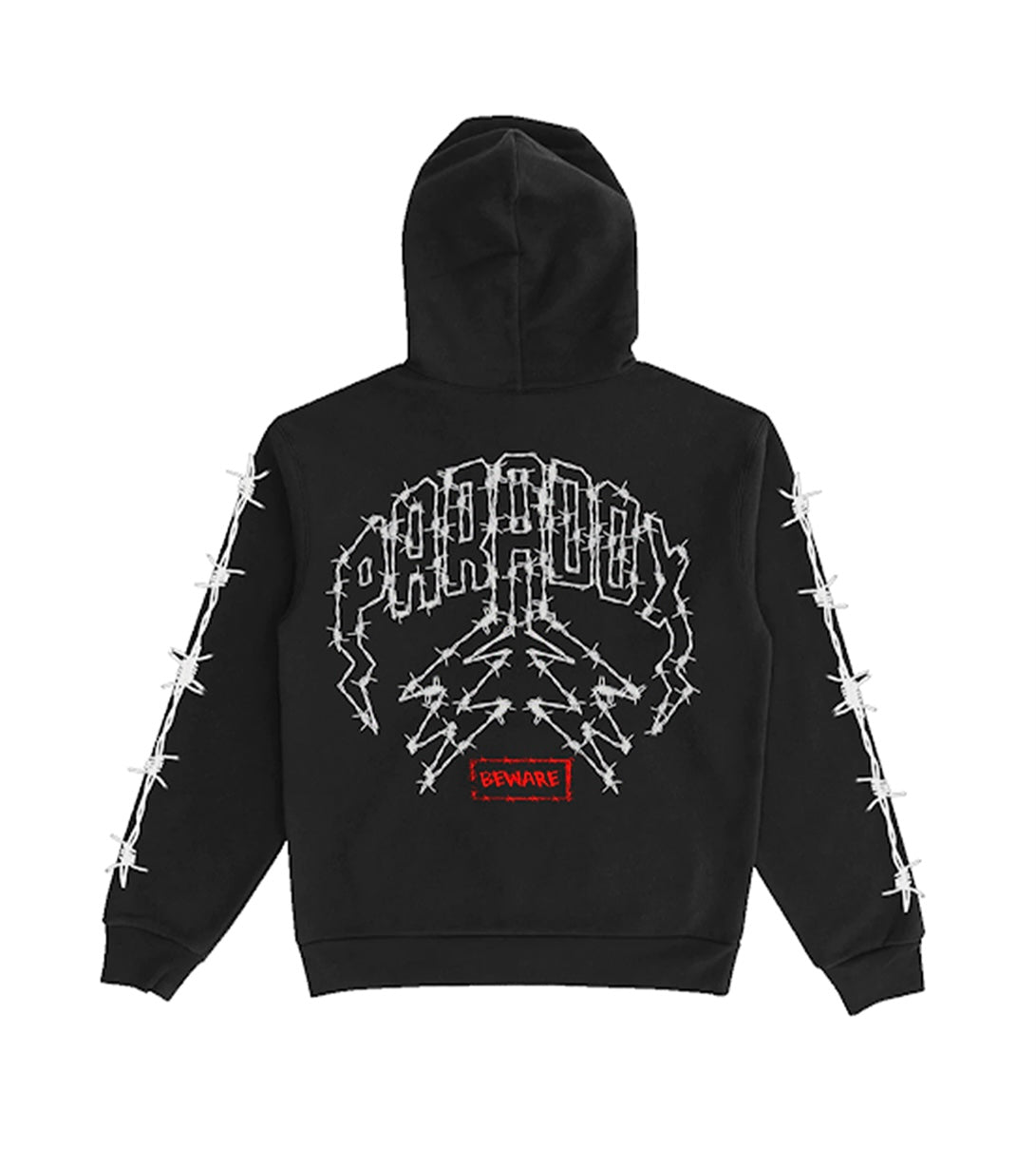 "BEWARE BARBWIRE" HALLOWEEN EXCLUSIVE ZIP-UP HOODIE (BLACK)