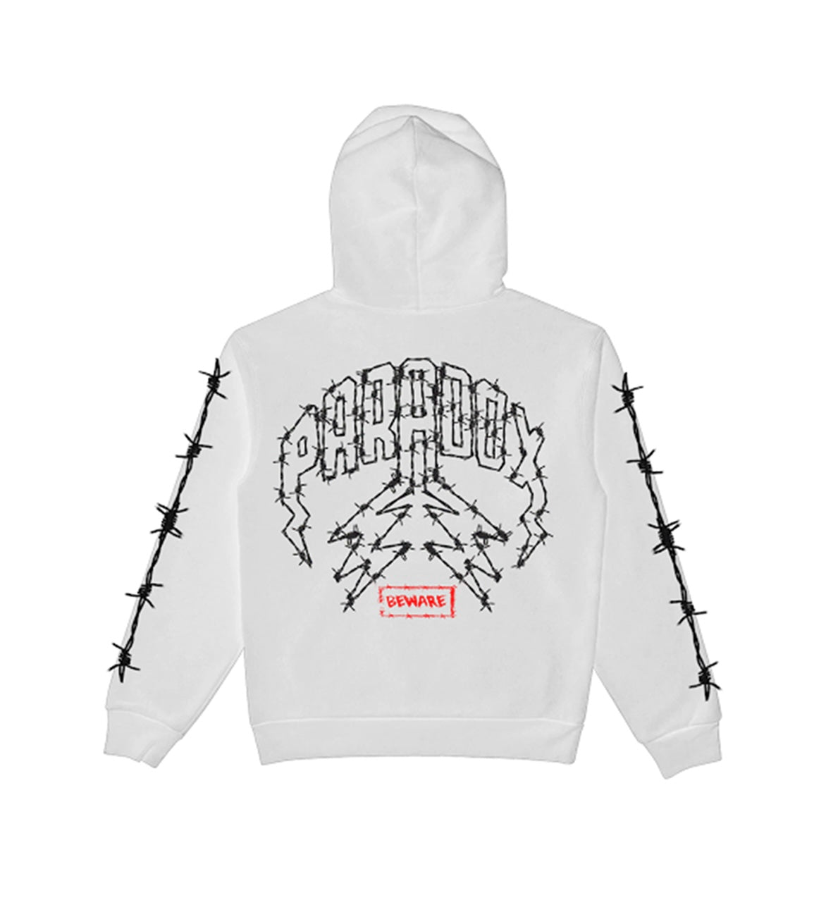 "BEWARE BARBWIRE" HALLOWEEN EXCLUSIVE ZIP-UP HOODIE (WHITE)