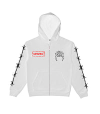 "BEWARE BARBWIRE" HALLOWEEN EXCLUSIVE ZIP-UP HOODIE (WHITE)