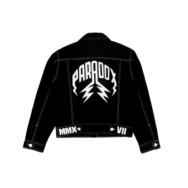 DENIM JACKET LIGHTNING ARC LOGO (BLACK) – Paradox Lab DENIM JACKET LIGHTNING ARC LOGO (BLACK) – Paradox Lab